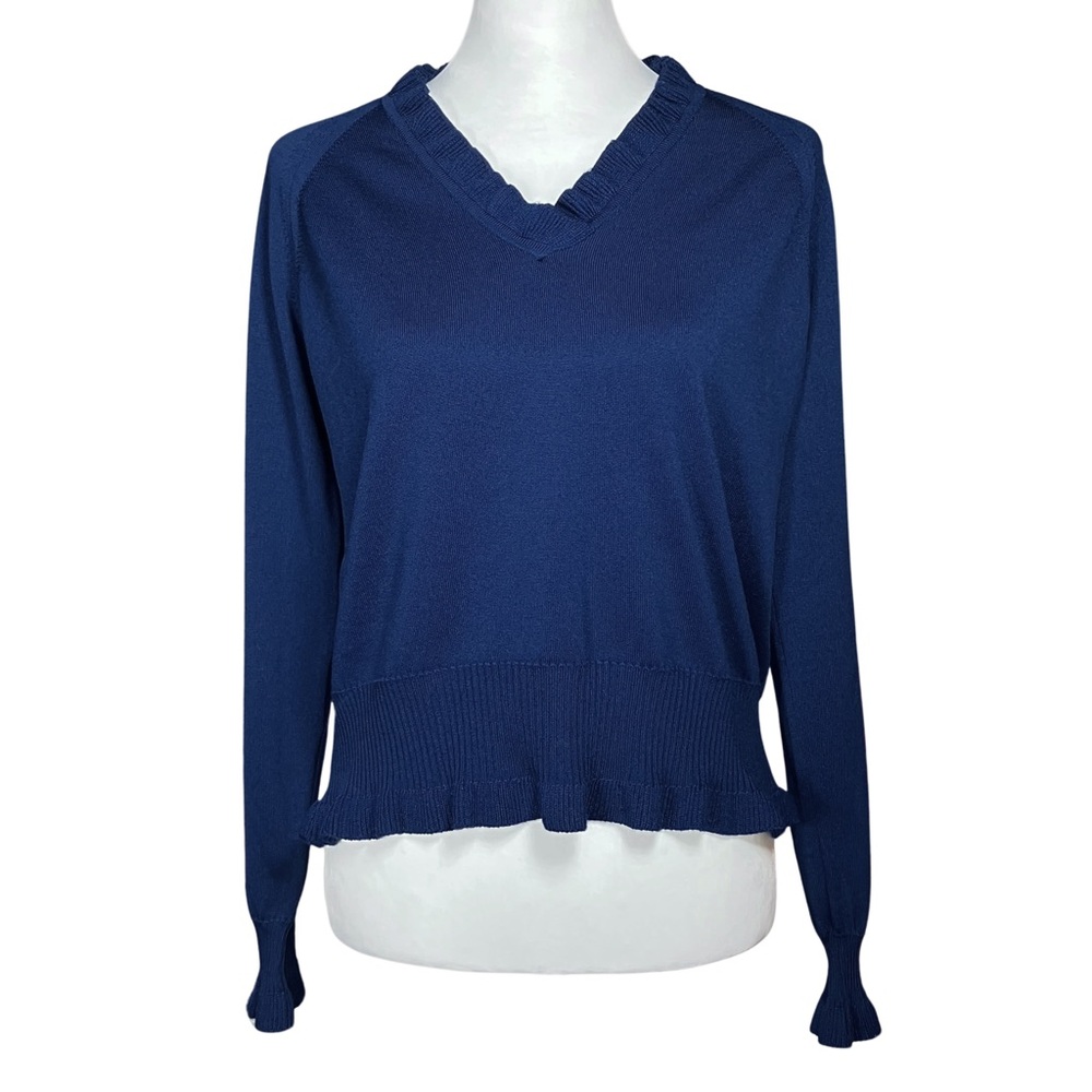 60s 70s Vintage Givenchy Sport Preppy Blue V-Neck Ruffle Sweater. S/M. Old Money - Picture 2 of 8